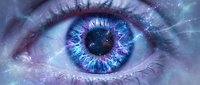 Close-up of mystical blue eye with cosmic sparkles and ethereal light effects for fantasy and science fiction digital art projects.