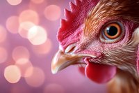 Close up portrait of rooster head with bright red comb and wattles against blurred pink bokeh background, showing detailed feathers and striking orange eye.