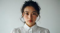Young Asian woman with natural makeup and messy updo hairstyle wearing white button-up shirt against neutral background, perfect for beauty and fashion campaigns.
