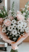 Elegant bouquet featuring blush pink roses, white lisianthus, baby's breath, and dusty miller foliage wrapped in peach-colored paper, creating a romantic floral arrangement.