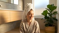 Young Caucasian woman in waffle robe and towel turban smiling after shower in modern bathroom with natural light and green plant.