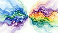 Abstract flowing waves in rainbow gradient colors with organic curved lines and fluid motion on white background for modern design projects.