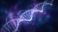 DNA double helix structure glowing with purple and blue light particles on dark background, representing genetic science, biotechnology, and molecular research for medical and educational use.