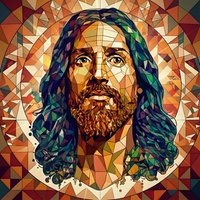 Stained glass mosaic portrait of bearded man with long hair in geometric kaleidoscope pattern. Colorful religious art style with triangular fragments and radial design.