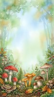 Watercolor forest floor scene with red toadstools, mushrooms, ferns, and woodland plants framing a bright central space. Suitable for children's book illustrations, nature backgrounds, and seasonal designs.