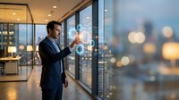 Professional businessman in dark suit standing by office windows at evening, looking at city lights. Corporate executive in modern workplace during golden hour.
