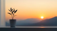 Small potted plant silhouette on windowsill against warm sunset mountain landscape background creating peaceful indoor nature scene for home decor concepts.