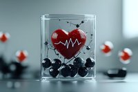 Red heart with heartbeat line floating in glass container with black spheres, dramatic medical concept on blurred background with molecule models.