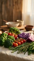 Fresh organic vegetables including broccoli, cherry tomatoes, purple cabbage and herbs arranged on rustic kitchen counter for healthy cooking preparation.