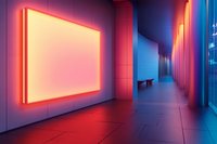 Empty modern corridor with neon lighting, glowing rectangular frame on wall and dramatic red and blue color scheme creating futuristic atmosphere.