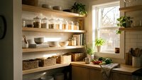 Cozy kitchen interior with wooden shelves displaying jars, bowls and baskets. Natural lighting from window creates warm atmosphere for cooking and storage.