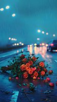 Bouquet of red roses lying on wet asphalt road during rainfall at dusk, with blurred city lights and bokeh in background, conveying loss and melancholy.