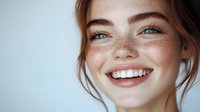 Young woman with freckles and blue eyes smiling broadly against light background, showcasing natural beauty and genuine happiness.