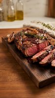 Grilled ribeye steak sliced on wooden cutting board with herbs and seasonings in rustic kitchen setting for culinary and restaurant menu design.