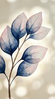 Watercolor botanical branch with translucent blue and pink leaves on neutral background. Isolated artwork suitable for wall decor, textile design, and home interior projects.