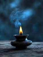 Burning oil lamp with blue smoke rising against dark background, creating mystical atmosphere for meditation, spirituality, or religious ceremonies.