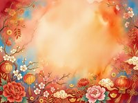 Lunar new year celebration background with red and gold lanterns, blooming peonies, cherry blossoms, and traditional ornaments on warm gradient backdrop. Perfect for festive designs.