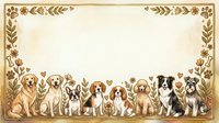 Adorable puppies and dogs sitting in decorative floral border frame on vintage background for pet care, veterinary services, greeting cards.
