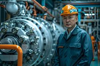 Industrial engineer in protective hardhat and workwear standing near large turbine machinery in power plant facility. Professional manufacturing environment with complex equipment.