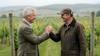 Two mature Caucasian men shaking hands in vineyard with rolling hills background, business partnership agreement concept for agriculture industry.