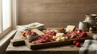Rustic charcuterie board with cured meats, aged cheeses, nuts and berries on wooden table by window for entertaining and gourmet dining experiences.