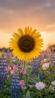 Bright yellow sunflower blooming among colorful wildflowers at golden hour sunset with warm orange and pink sky creating romantic summer garden scene.