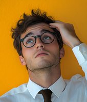 Young man with glasses looking up thoughtfully against vibrant yellow wall, hand running through messy hair, wearing white shirt and tie.