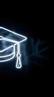 Glowing neon graduation cap symbol in cool blue light against dark background, isolated design element for education, learning, and academic achievement concepts.