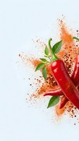 Fresh red chili peppers with crushed flakes and spice powder splash on white background, vivid food styling for culinary and packaging design.