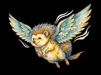 Cute flying hedgehog with ornate blue and gold wings, watercolor style, isolated on transparent background, ready for stickers, t-shirt design, and print on demand.