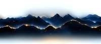 Mountain range silhouette at dusk with glowing path of lights winding through peaks, creating dramatic contrast against dark blue misty sky. Panoramic view.