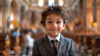 Young Hispanic boy in formal gray suit and tie smiling warmly at camera in elegant church interior with soft bokeh lighting and classical architecture.