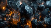 Dark crystal formations emerge from mystical fog with glowing orange embers and sparks, creating dramatic contrast against smoky atmosphere. Magical fantasy scene.
