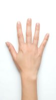 Open palm of a woman with fair skin and natural manicure displayed against white background, isolated for design use on apparel and promotional materials.