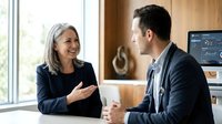 Professional mature businesswoman and businessman having friendly conversation during office meeting with warm natural lighting and modern workspace.