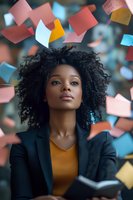 Young African American businesswoman with curly hair surrounded by colorful sticky notes representing brainstorming and creative planning in office environment.
