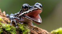 Macro shot of black and white spotted tree frog with open mouth sitting on mossy branch against blurred green background, showing detailed texture of amphibian skin.
