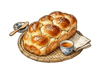 Golden braided bread loaf with sesame seeds on wicker basket, accompanied by honey pot and wooden spoon. Suitable for bakery, food blogs, recipes.