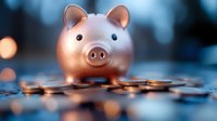 Metallic rose gold piggy bank surrounded by scattered coins on reflective surface with soft bokeh lights in background, symbolizing savings and financial planning.