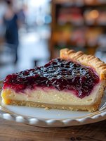 Slice of homemade cheesecake topped with fresh berry compote on flaky pastry crust, served on white plate. Close up view shows creamy filling and vibrant fruit topping.