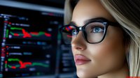 Young Caucasian businesswoman in glasses analyzing financial market data on digital screens. Trading charts and stock market indicators reflect in eyewear.