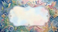 Watercolor floral frame with swirls, birds, and pastel botanicals surrounding a blank center space for text or design.