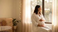 Pregnant woman in white robe sitting by window in nursery room with crib and warm lighting for maternity and motherhood concepts.