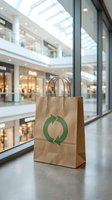 Eco-friendly paper shopping bag with green recycling symbol in modern mall interior for sustainable retail and environmental awareness campaigns.