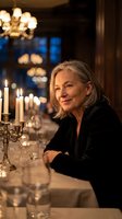 Elegant mature Caucasian woman with silver hair sitting at candlelit dinner table in upscale restaurant. Sophisticated dining atmosphere with warm lighting.