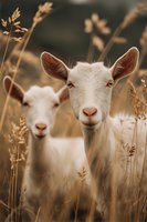 White goats with brown ears standing in dry grass field, suitable for farm, agriculture, and livestock photography projects.