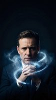 Serious businessman with magical energy swirling around hands against dark background for corporate fantasy and supernatural business concepts.