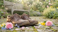 Worn brown leather shoes on a stone path surrounded by pink roses and wildflowers in a sunny garden with a wooden bench in background.