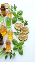 Natural essential oils in amber and green glass bottles with fresh basil leaves and dried lime slices on white background for aromatherapy and wellness.