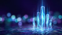Futuristic holographic city skyline with glowing blue towers emerging from digital grid surface against dark background with bokeh lights for tech concepts.